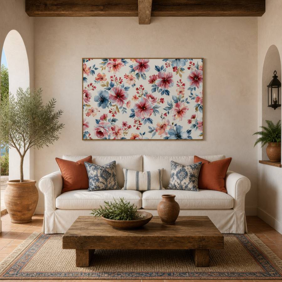 Pink and Blue Floral Pattern – Watercolor Floral Wall Art