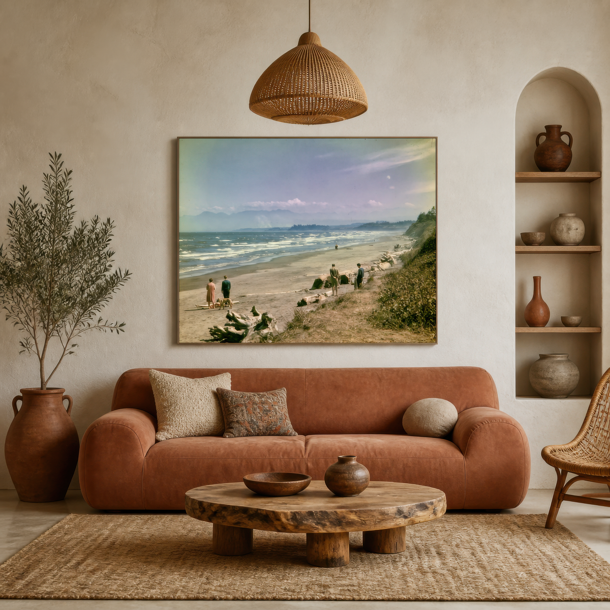 Faded color coastal walk above a rust orange sofa in a plaster room with niches