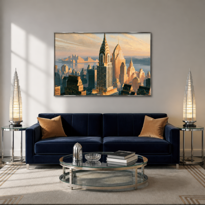 Golden skyline spire above a navy velvet sofa with mustard pillows and a glass round coffee table