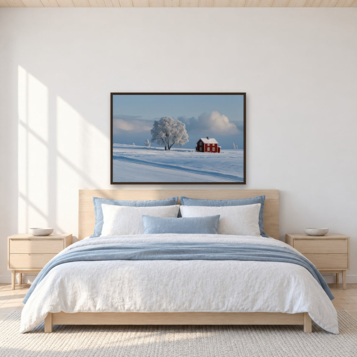 Winter Farmstead in Snow scandinavian wall art in a bedroom