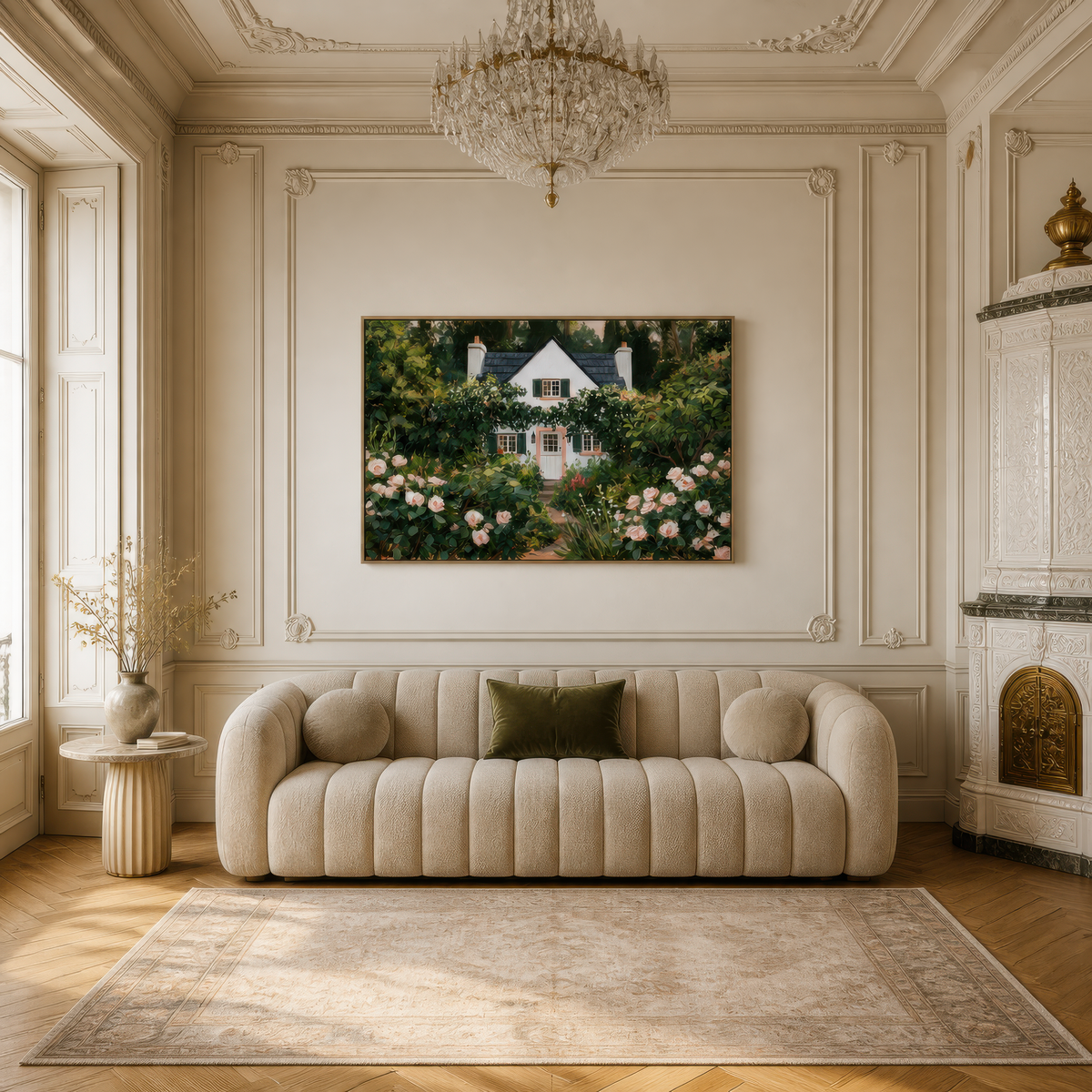 Rambling rose cottage above a cream channel tufted sofa in a panelled room with a chandelier