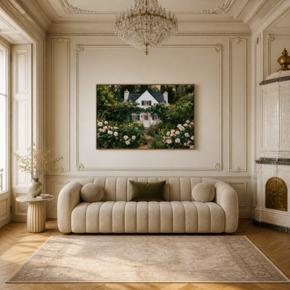 Rambling rose cottage above a cream channel tufted sofa in a panelled room with a chandelier