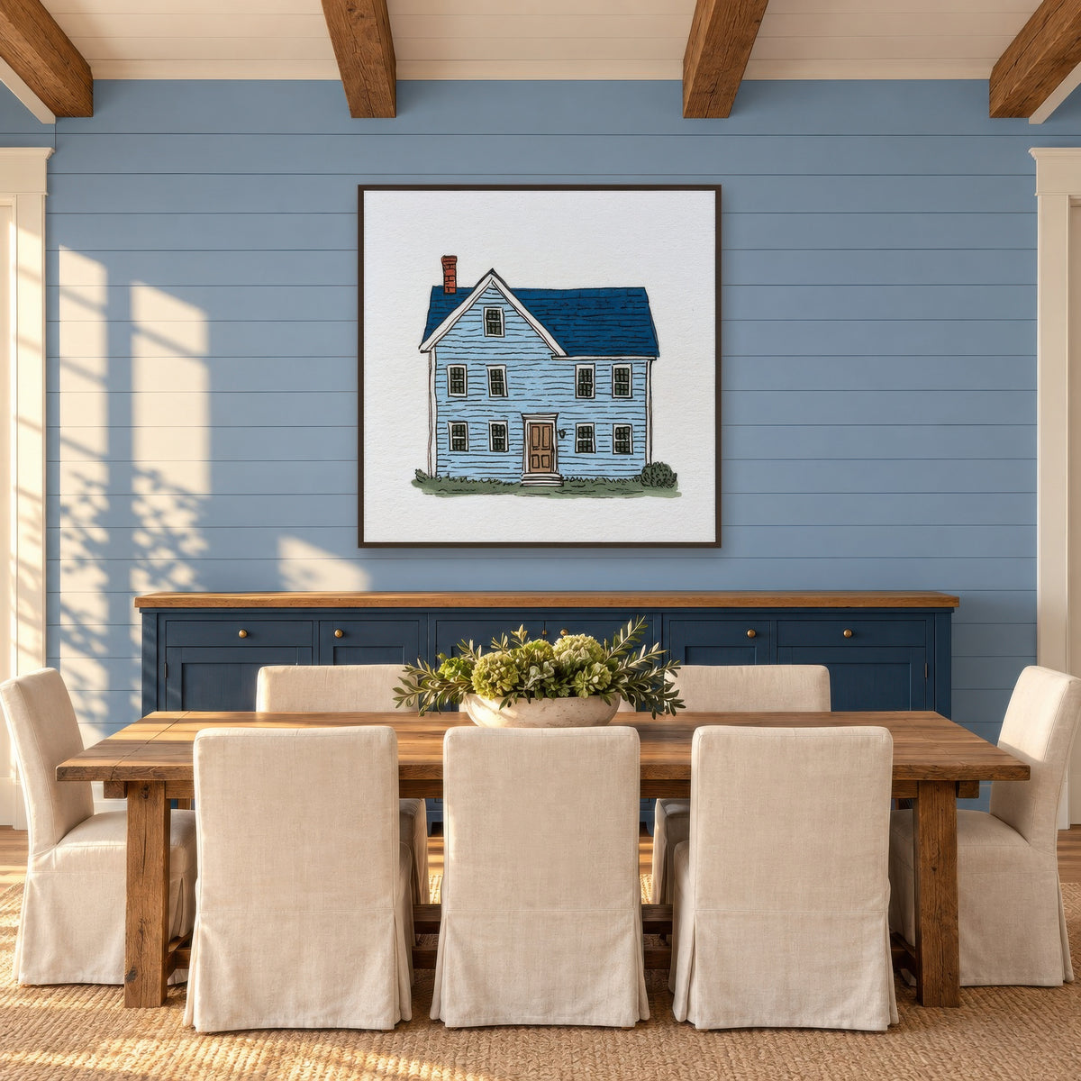Blue Farmhouse Illustration farmhouse wall art in a dining room