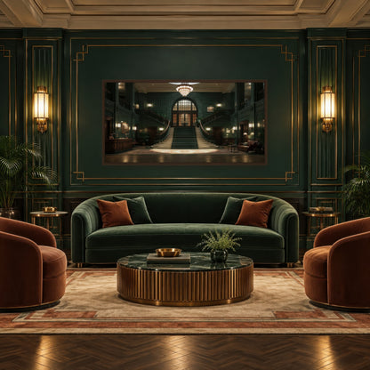 Emerald Deco Staircase art deco wall art in a living room