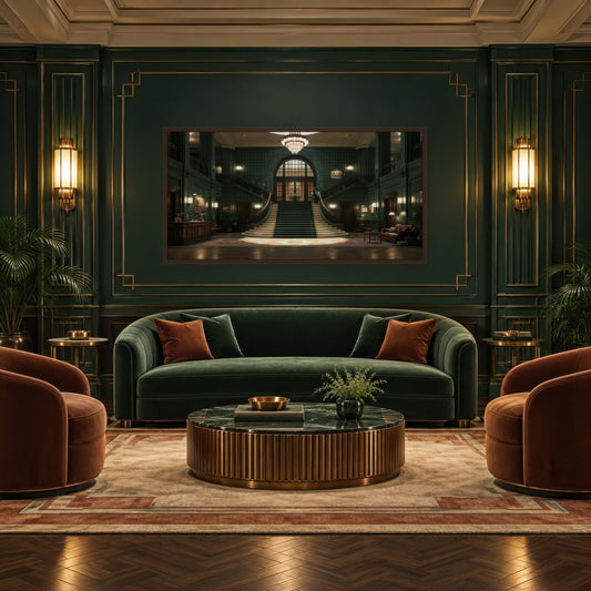 Emerald Deco Staircase art deco wall art in a living room