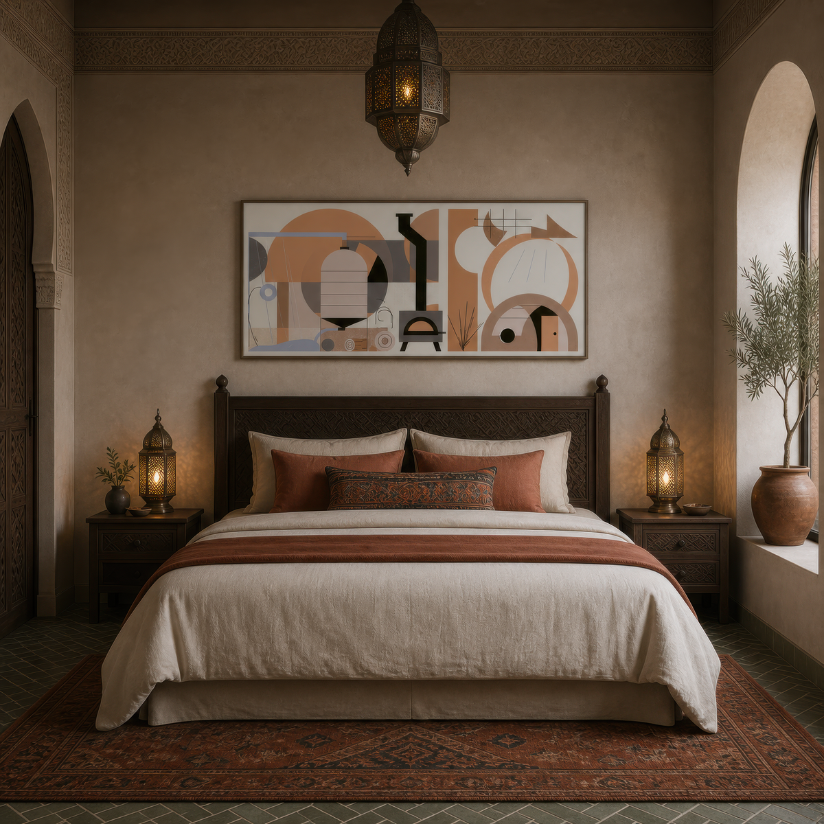 Warm geometric cottage above a wooden bed with rust bedding and lanterns on the nightstands