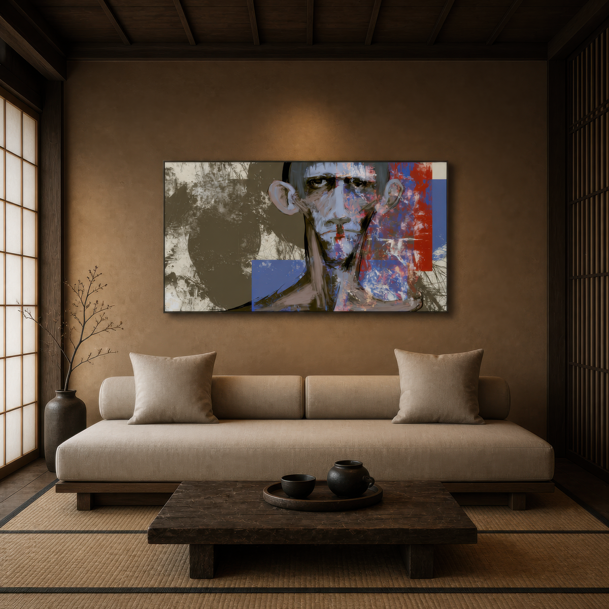 Olive and Red Portrait wall art, alternate room view