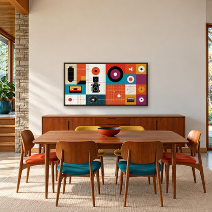 Vintage Gadgets and Circles Illustration mid-century modern wall art in a dining room