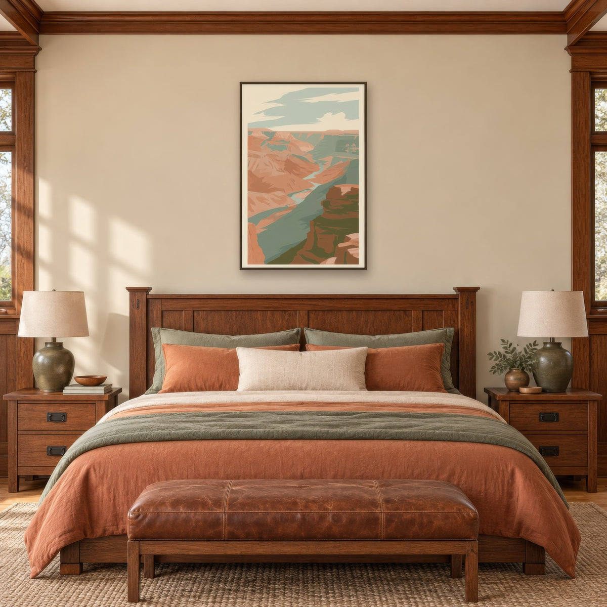 Wide Canyon Vista with a Pale River landscape wall art in a bedroom