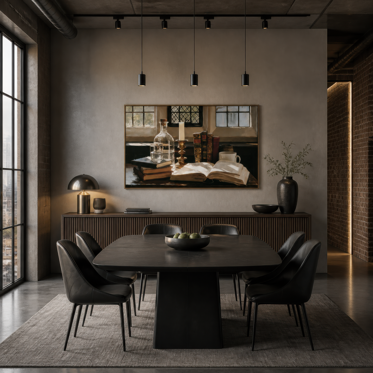 Books by the leaded window above a dark dining table with black chairs and track pendants