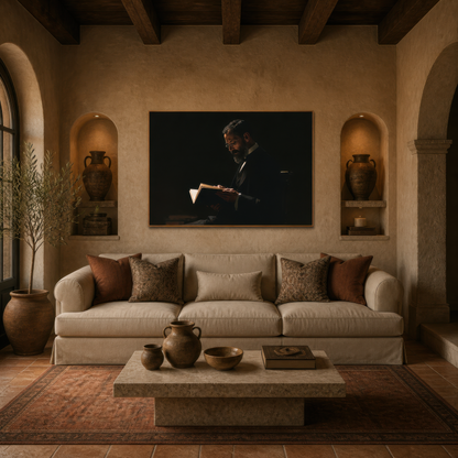 Cloistered quiet above a cream sectional on a plaster wall with arched niches and pots