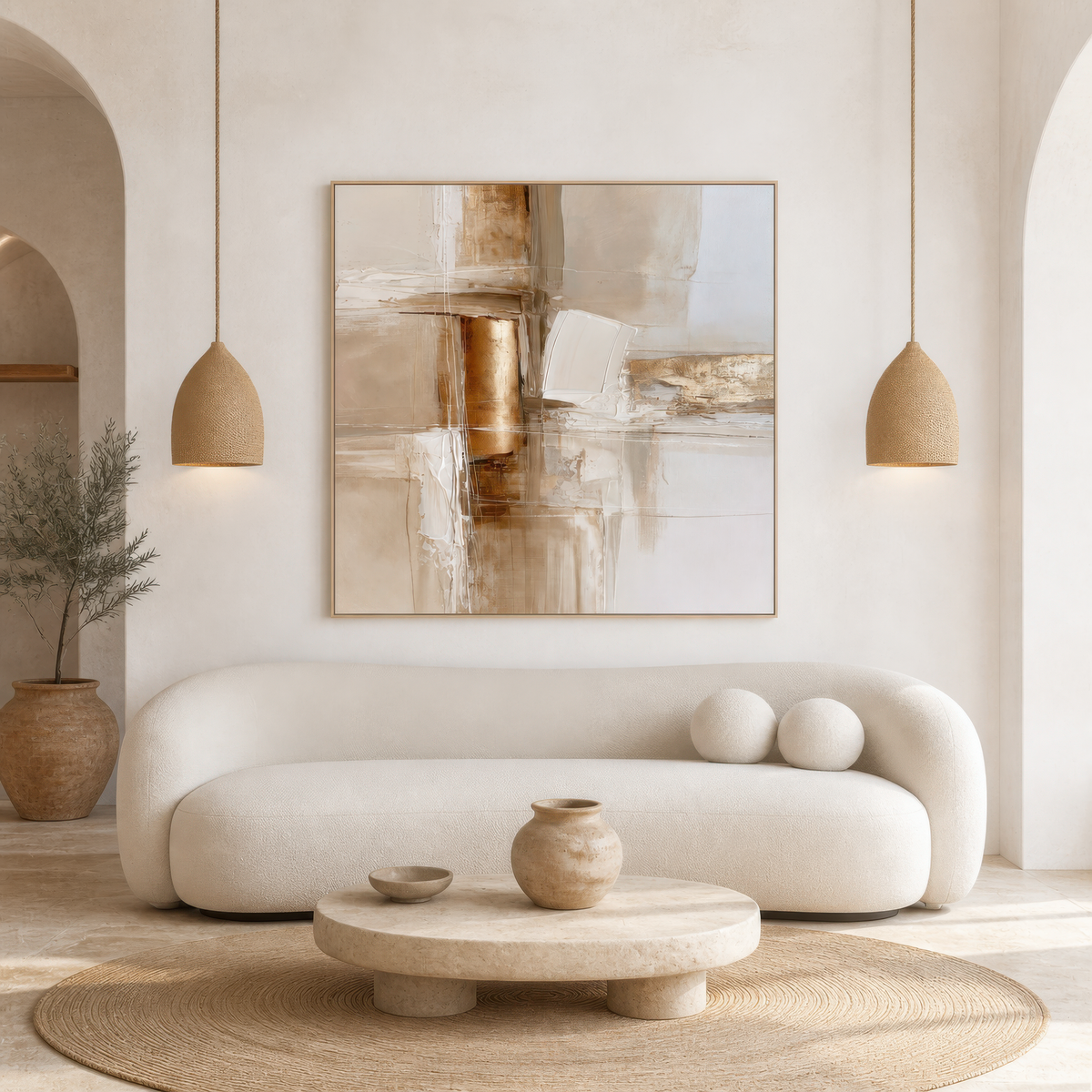 Square copper and cream abstract artwork above a curved white sofa between arched openings