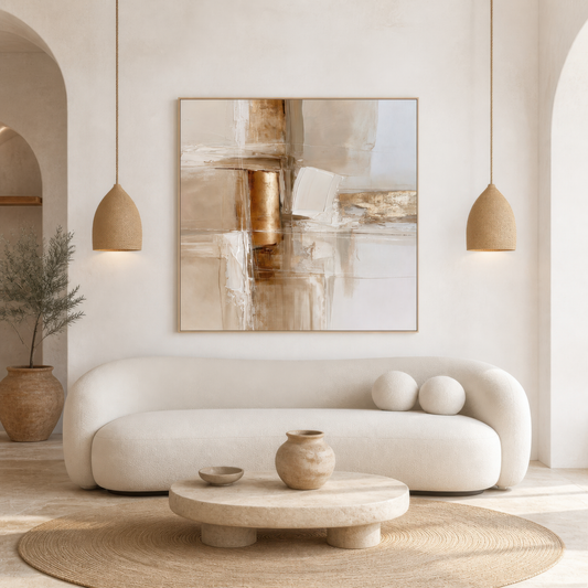Square copper and cream abstract artwork above a curved white sofa between arched openings