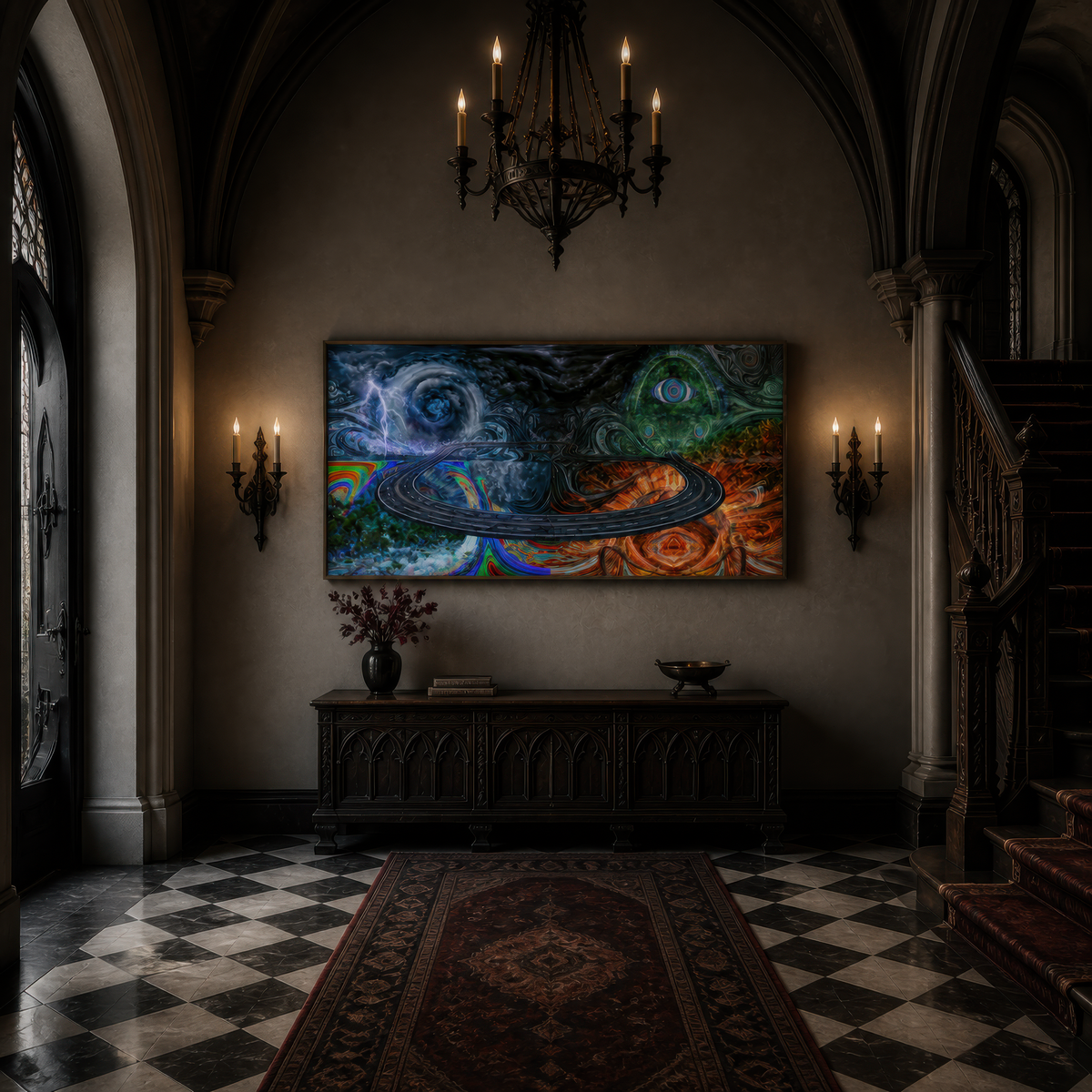 Feel good fractal above a dark console in a near black entryway with a checkerboard floor