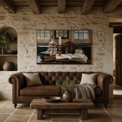 Books by the leaded window above a brown tufted leather sofa on a pale stone wall with arched niches