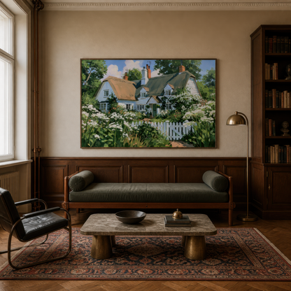 Thatched cottage and picket fence artwork above a green bench sofa in a panelled office with a dark bookcase