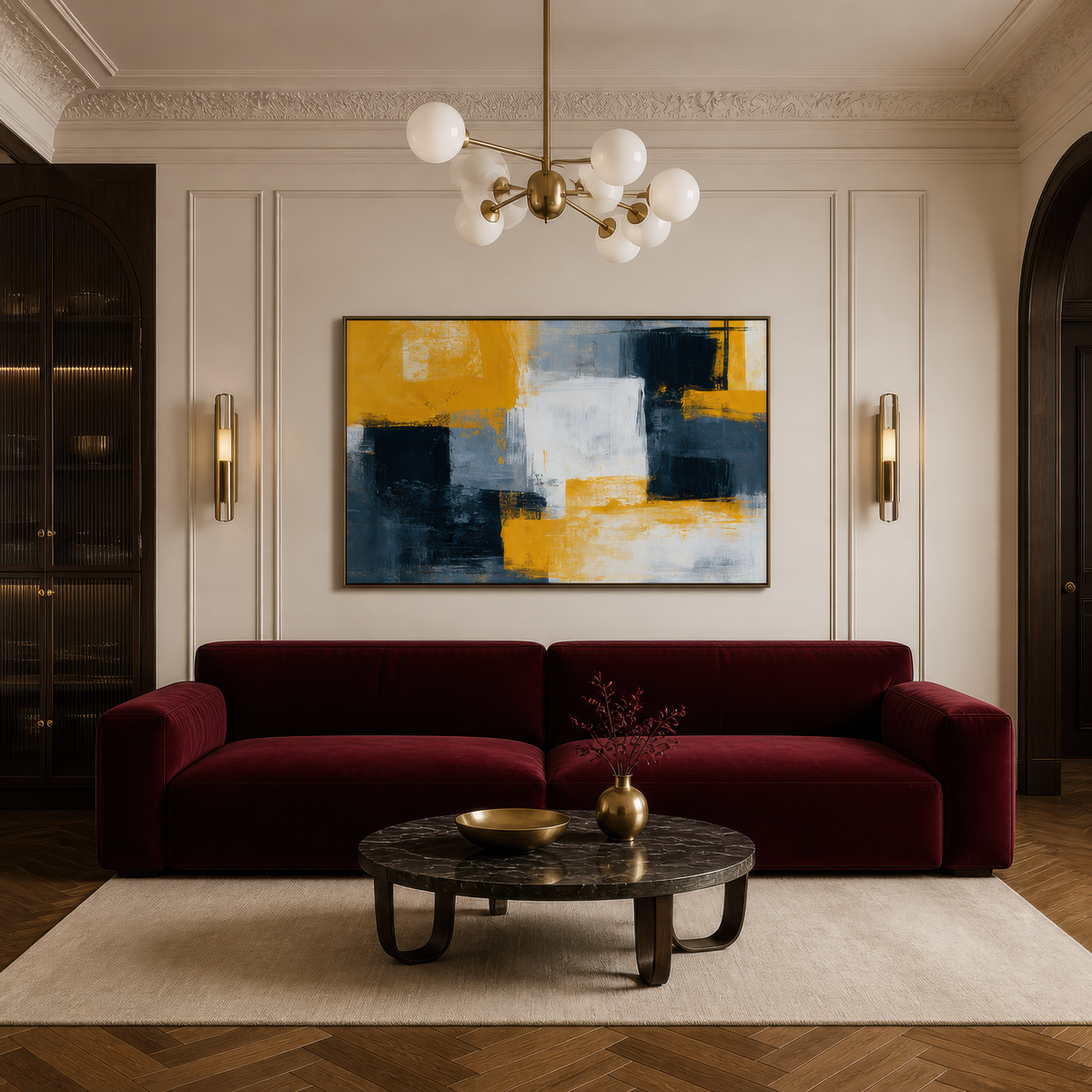 Large mustard yellow and charcoal color block abstract artwork above a burgundy velvet sofa in a white paneled room