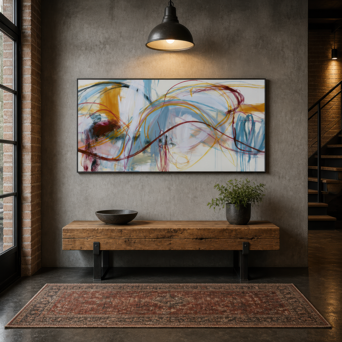 Wide burgundy wave abstract artwork above a wooden bench in an entryway with a concrete wall