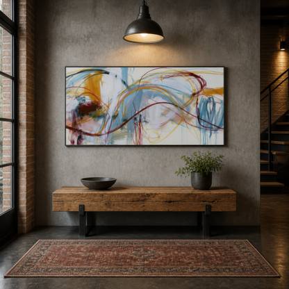 Wide burgundy wave abstract artwork above a wooden bench in an entryway with a concrete wall