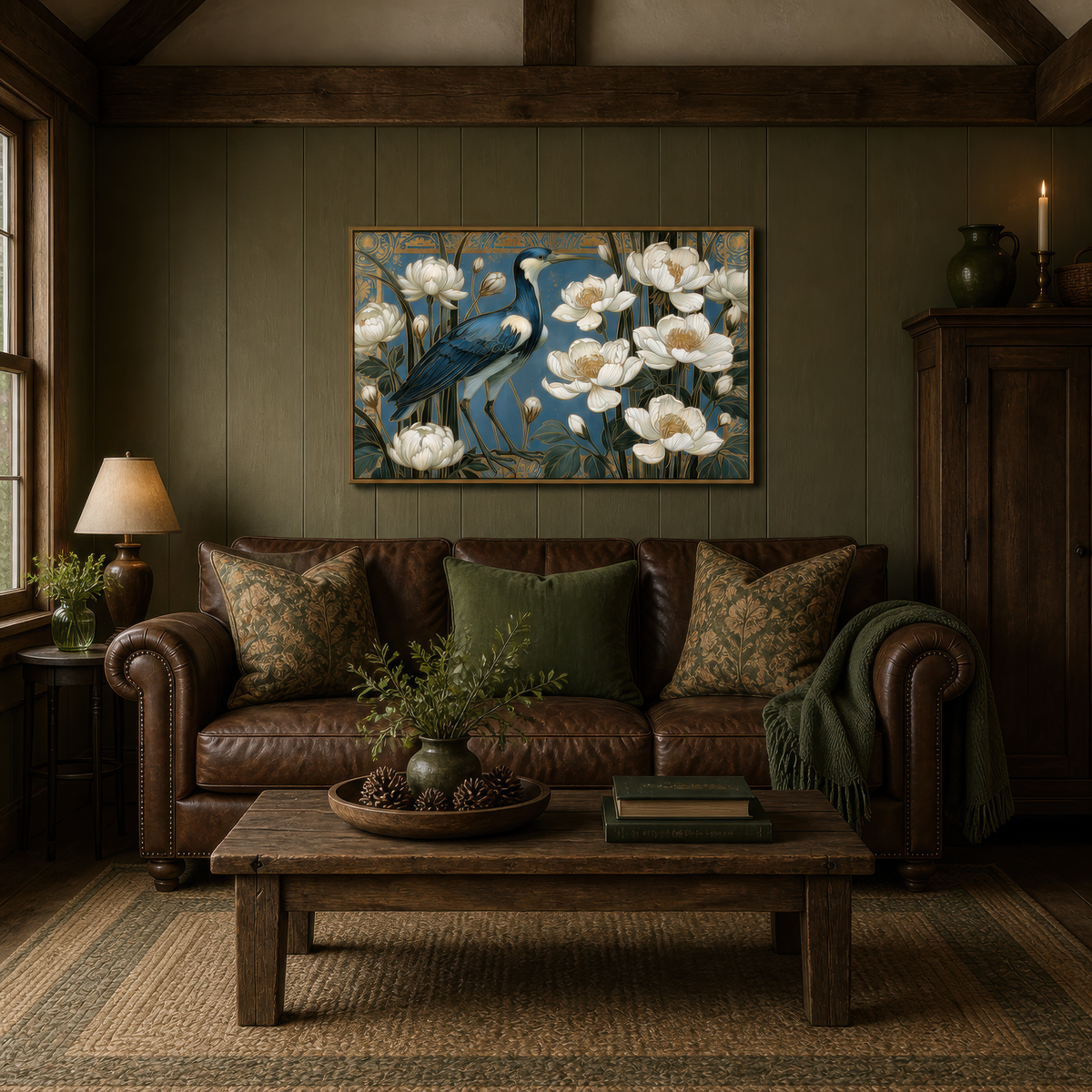 Crane and white peonies above a brown leather chesterfield on an olive green plank wall