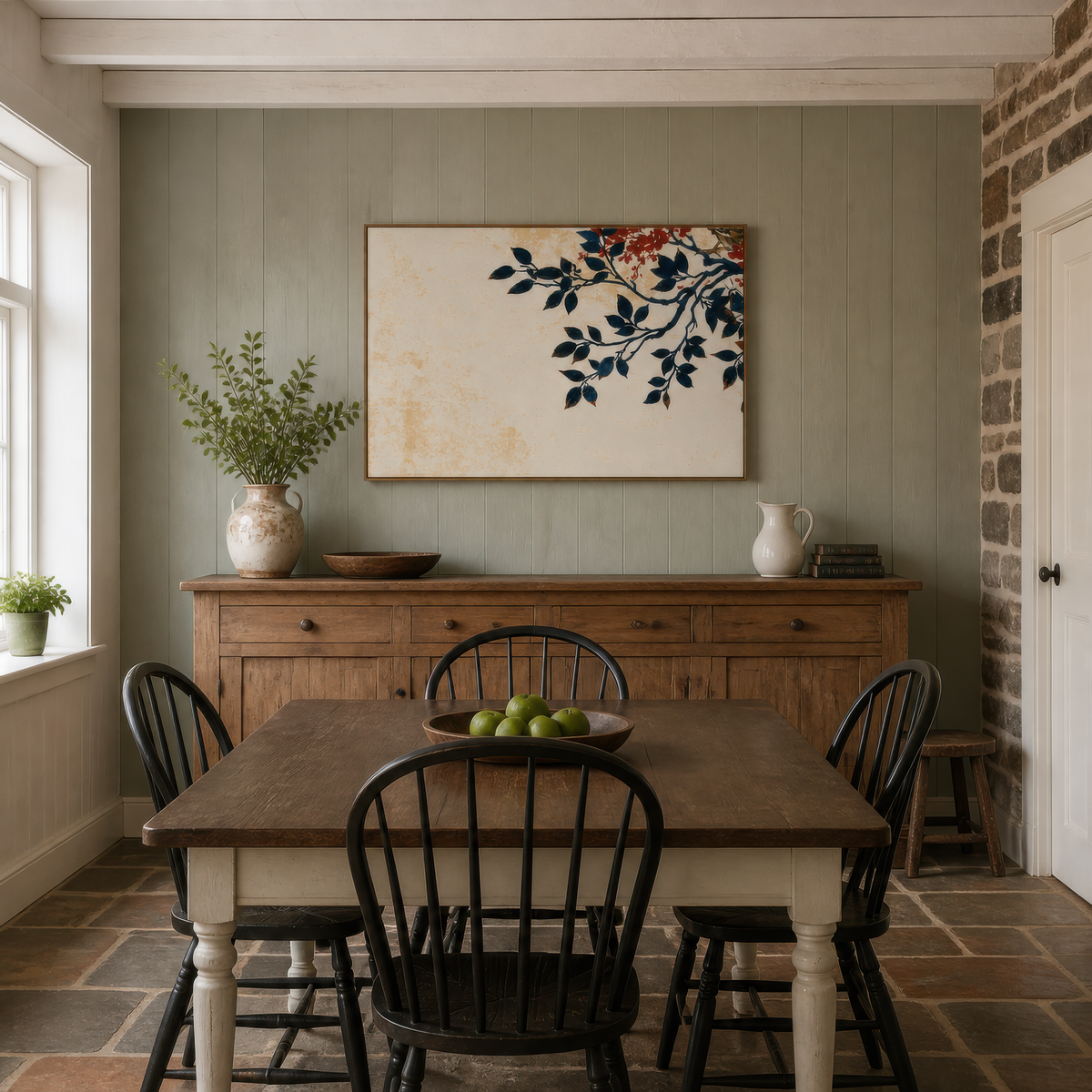 Branch with berries above a wood sideboard with a dining table and black spindle chairs