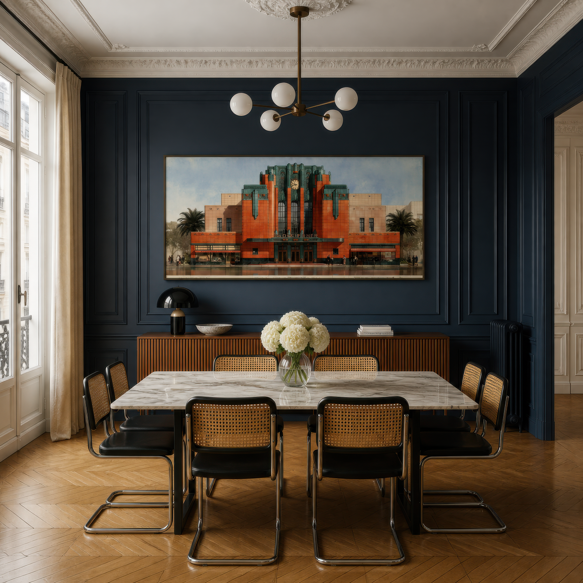 Terracotta deco theater above a marble dining table with black cane chairs on a navy wall