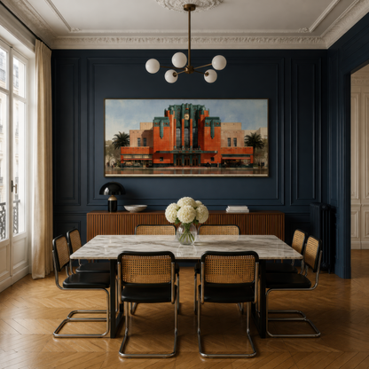 Terracotta deco theater above a marble dining table with black cane chairs on a navy wall