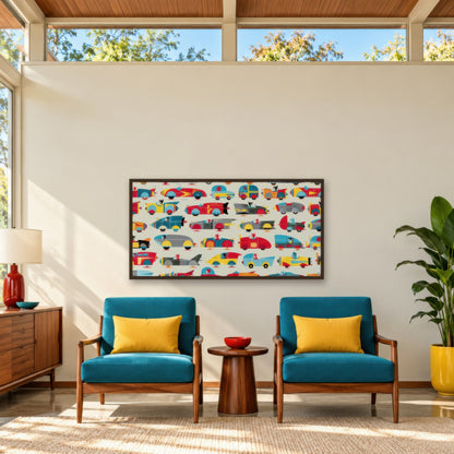 Colorful Toy Car Grid mid-century modern wall art in a den