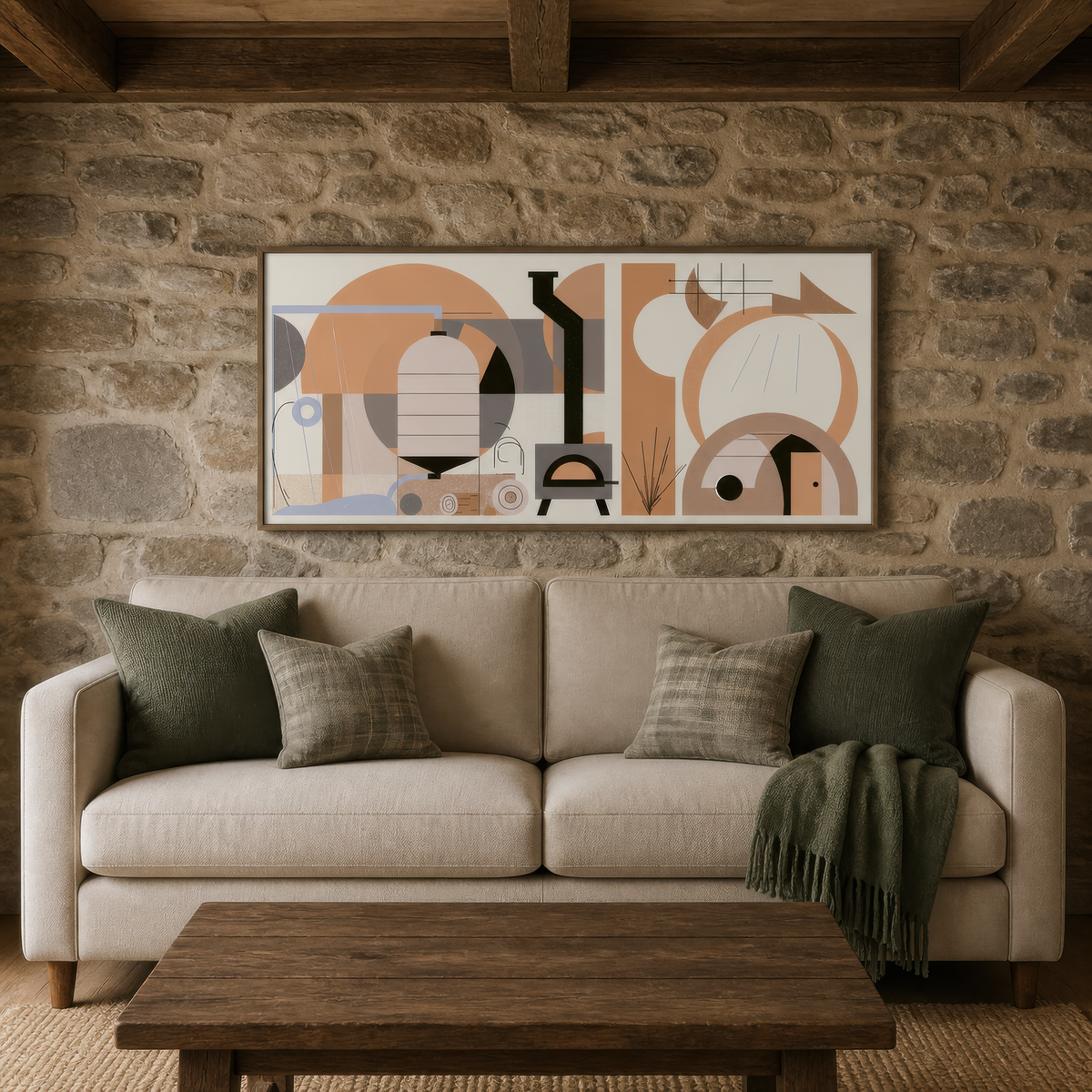 Warm geometric cottage above a cream sofa with olive pillows on a rough grey stone wall