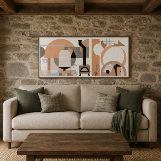 Warm geometric cottage above a cream sofa with olive pillows on a rough grey stone wall