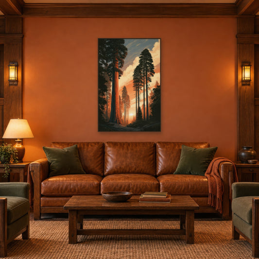 Giant Sequoia Trees at Sunset national park wall art in a living room