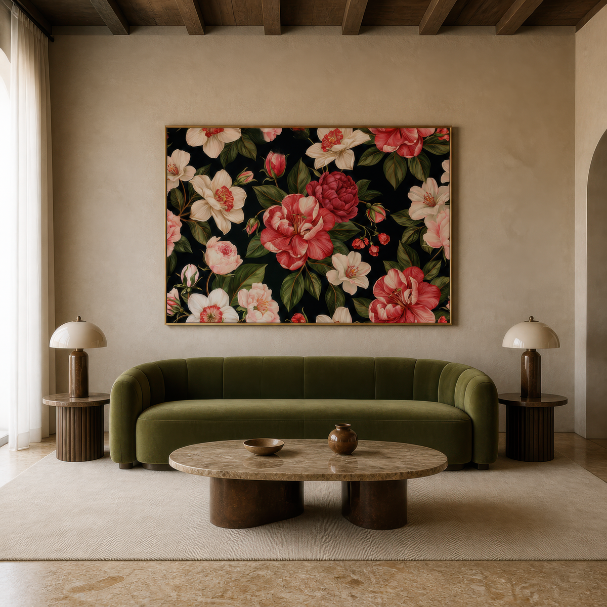 Pink Camellia Pattern on Black – Watercolor Floral Wall Art