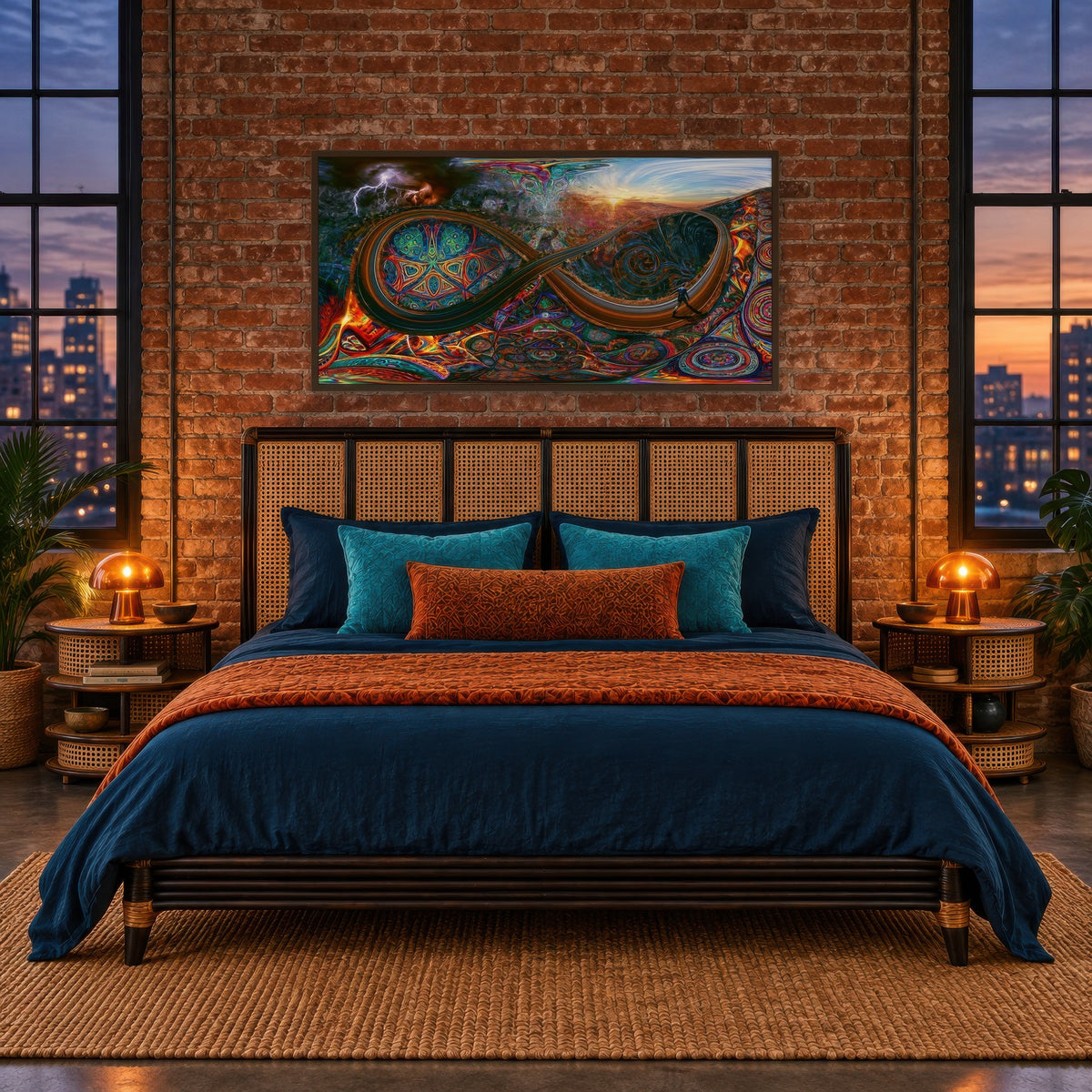 Hillside at Dusk psychedelic wall art in a bedroom