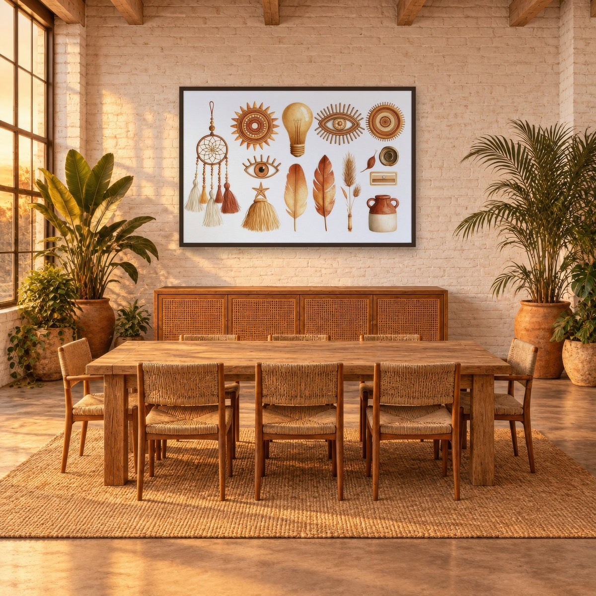 Sun and Eye Talisman Collection boho wall art in a dining room