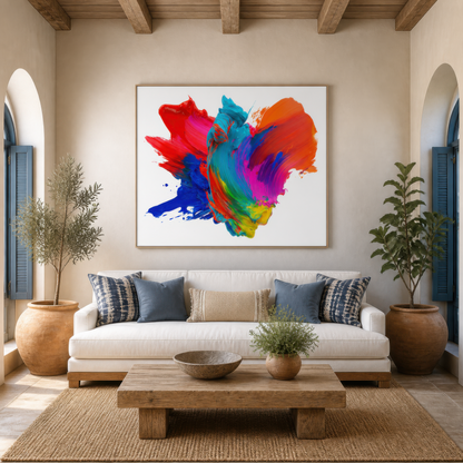 Rainbow splash burst above a cream sofa with blue striped pillows and olive trees
