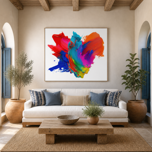 Rainbow splash burst above a cream sofa with blue striped pillows and olive trees