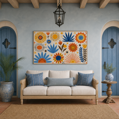Folk sunburst garden artwork above a cream sofa with blue pillows on a blue-grey wall