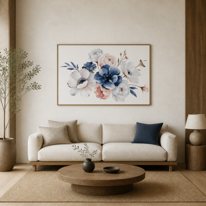 Blue Anemone Bouquet wall art print staged in a room