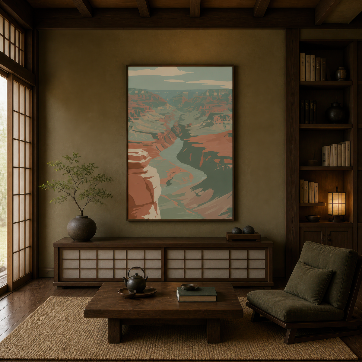 Winding river canyon above a low wood console on an olive green wall with a bonsai