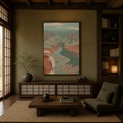 Winding river canyon above a low wood console on an olive green wall with a bonsai