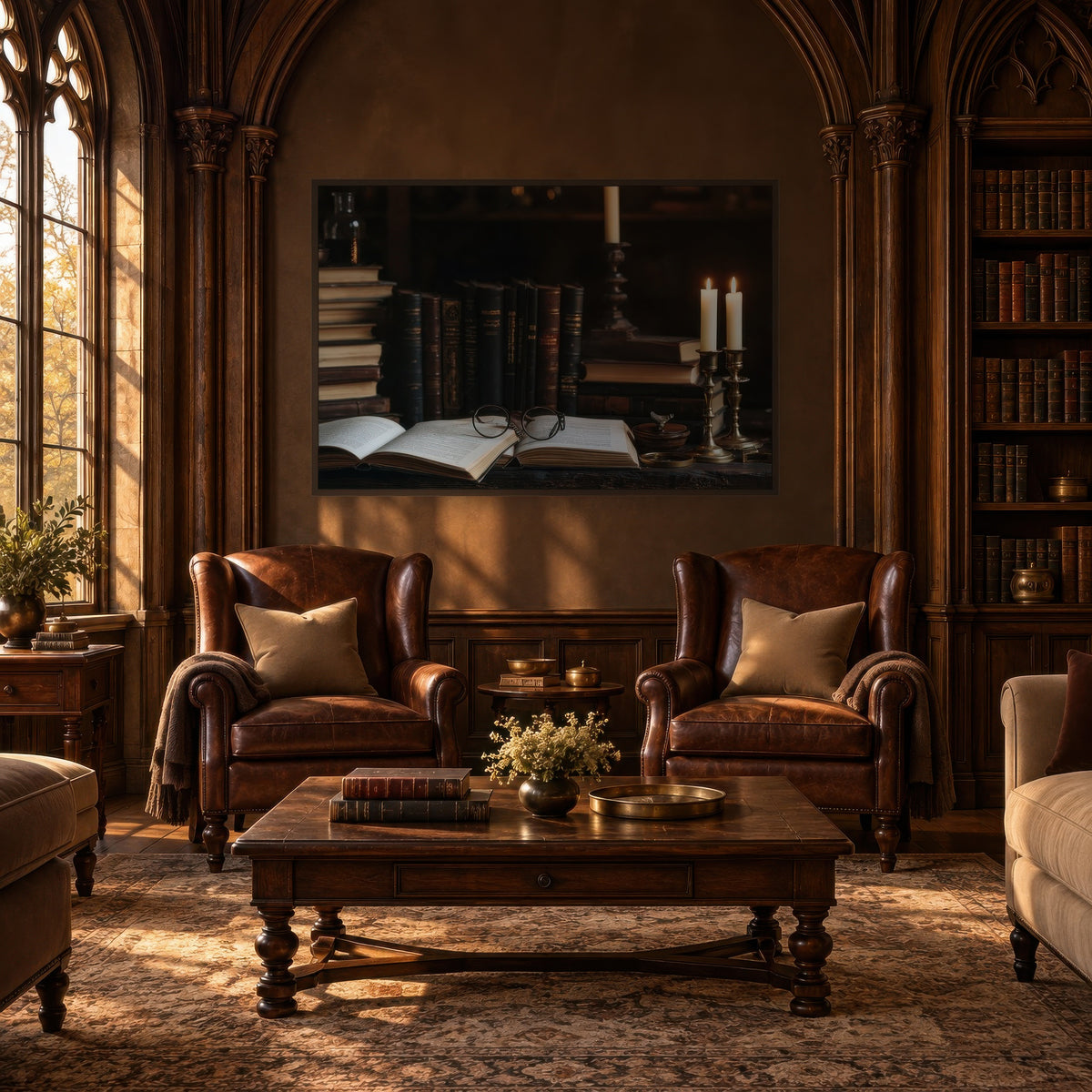 Candlelit Folio dark academia wall art in a den