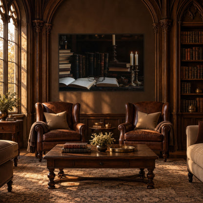 Candlelit Folio dark academia wall art in a den