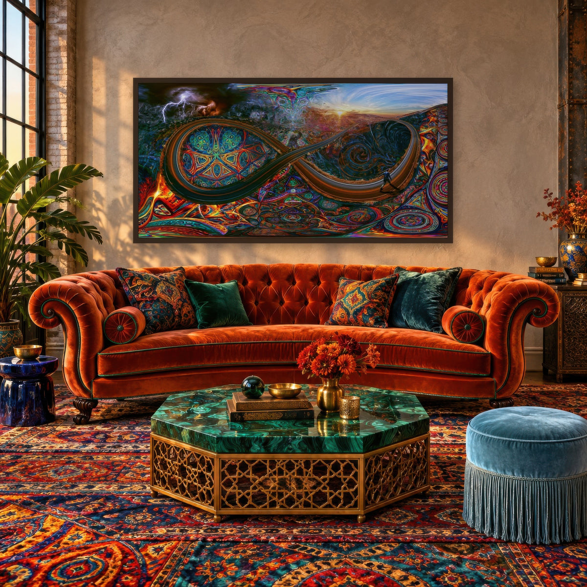 Hillside at Dusk psychedelic wall art in a living room