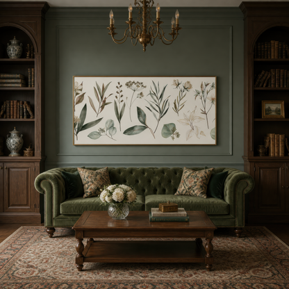 Old Herbarium Page wall art print, alternate room view
