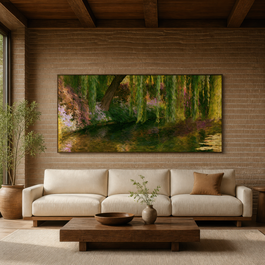 Weeping willow garden above a cream sofa on a warm wood slat wall with a low wood table