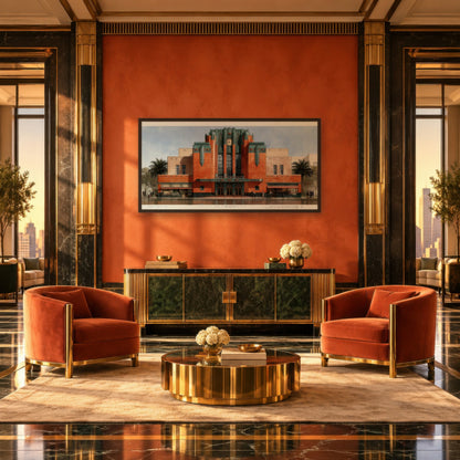 Terracotta Deco Theater art deco wall art in an entryway