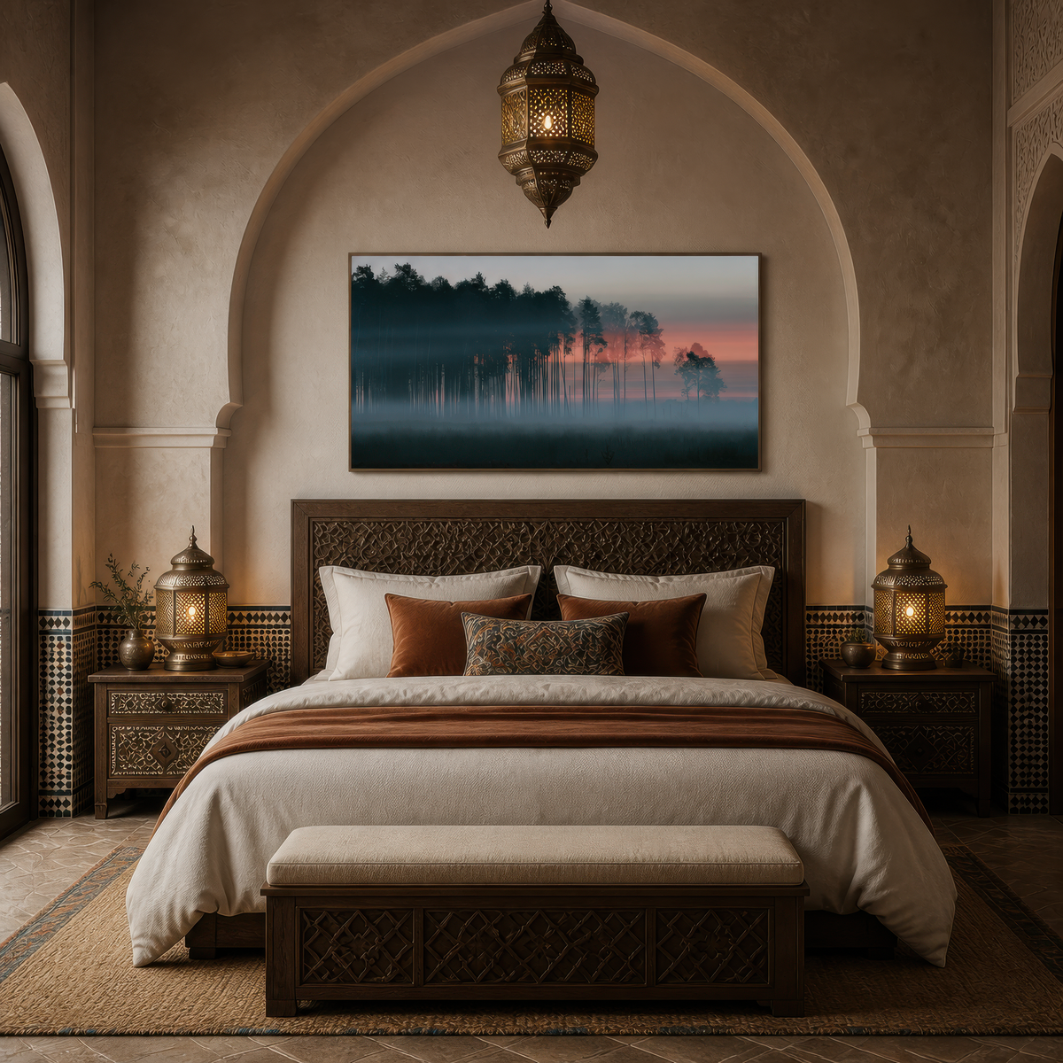Misty pine forest at dawn above a wood bed with two brass lanterns in a plaster alcove