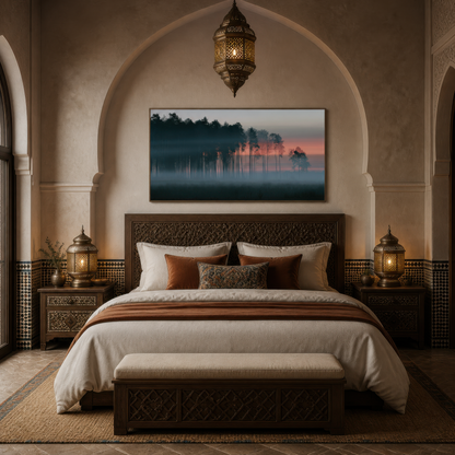 Misty pine forest at dawn above a wood bed with two brass lanterns in a plaster alcove