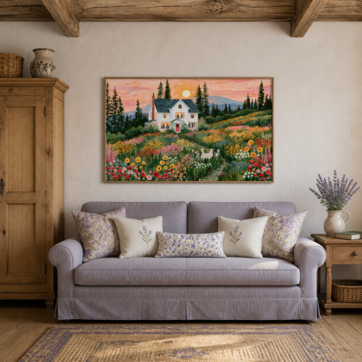 Farmhouse at sunset above a lilac grey sofa with floral pillows beside a pine cabinet