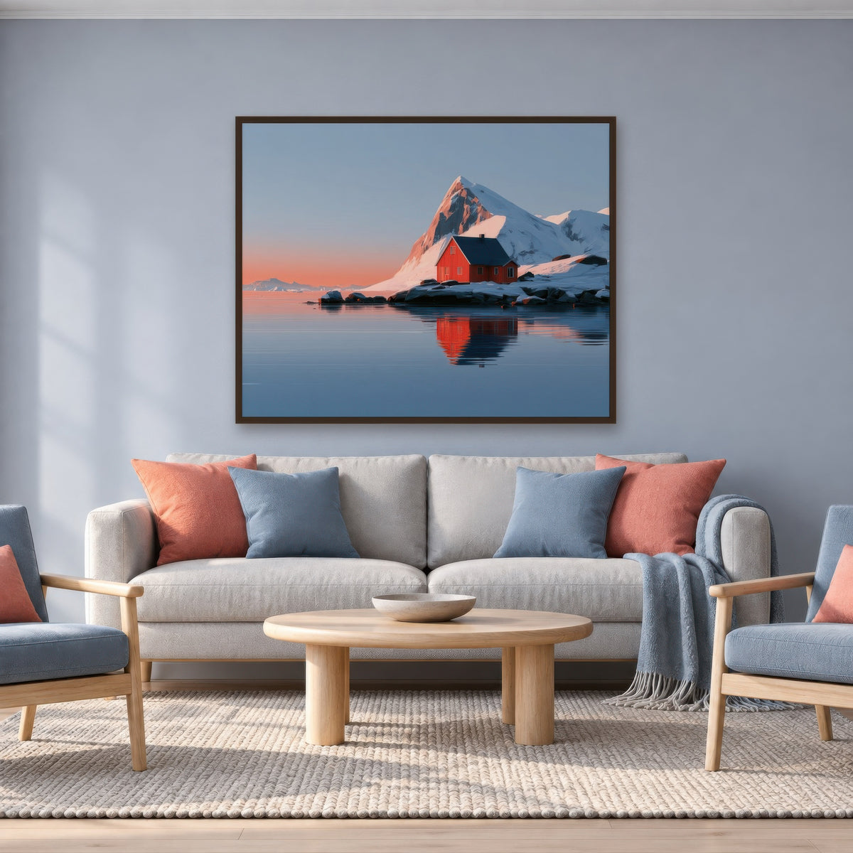 Fjord Cabin at Sunset scandinavian wall art in a living room